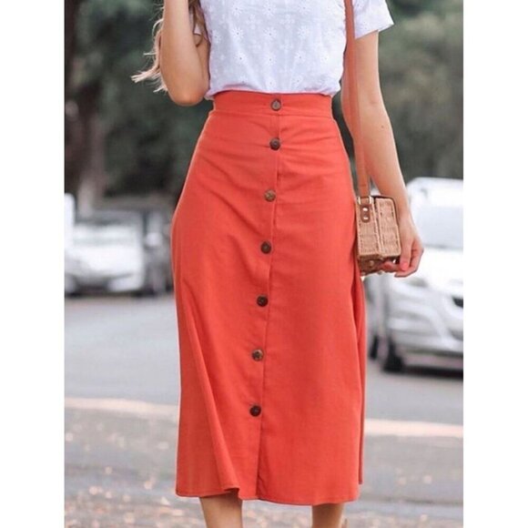 Nasty Gal Collection Rust Orange Button-Front Midi Skirt Women's Sz 6 Polyester - Picture 1 of 7